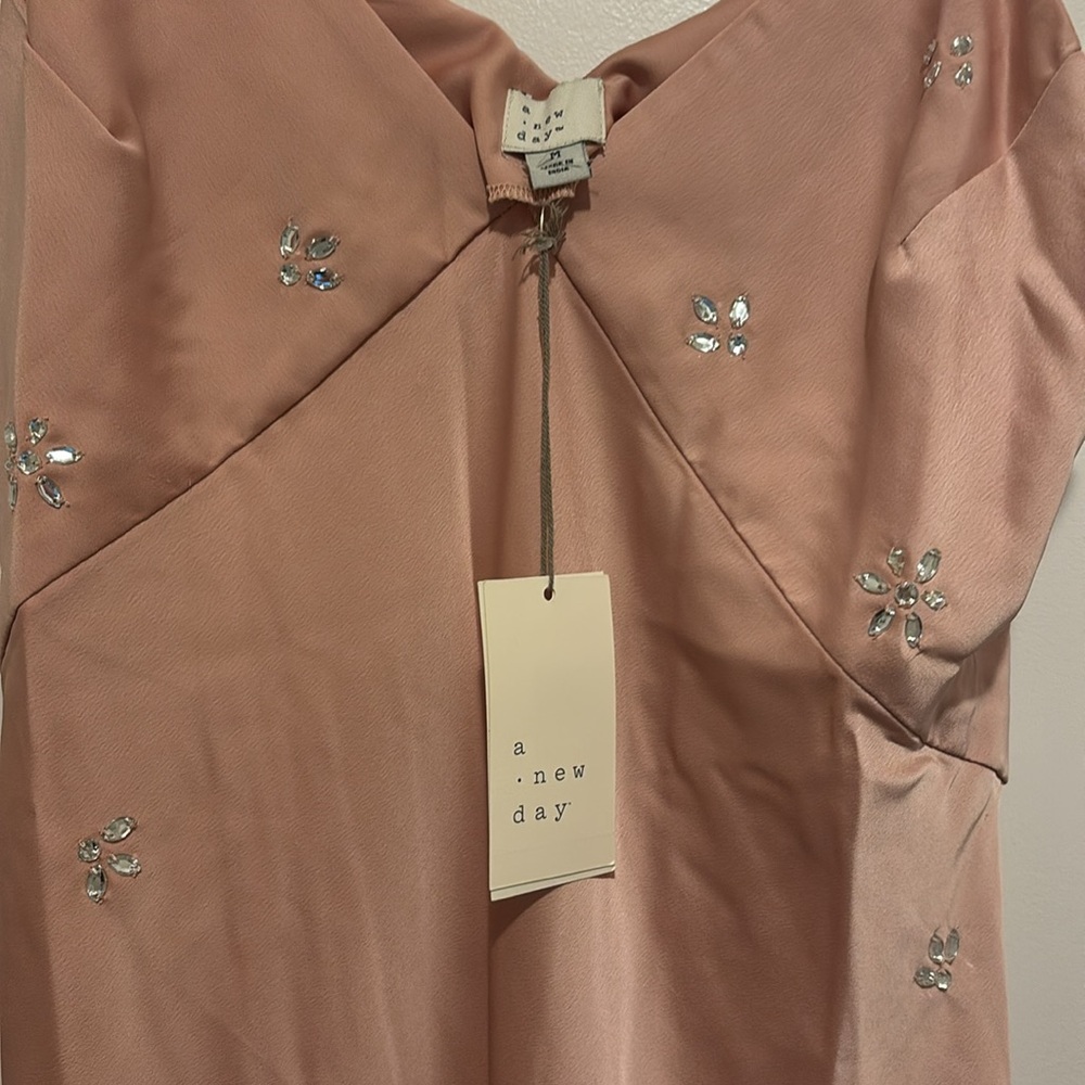 NWT A New Day Pink Satin Bejeweled Slip Spaghetti Strap Dress - Picture 6 of 8